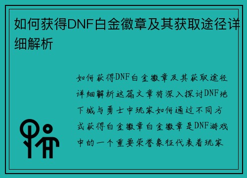 如何获得DNF白金徽章及其获取途径详细解析